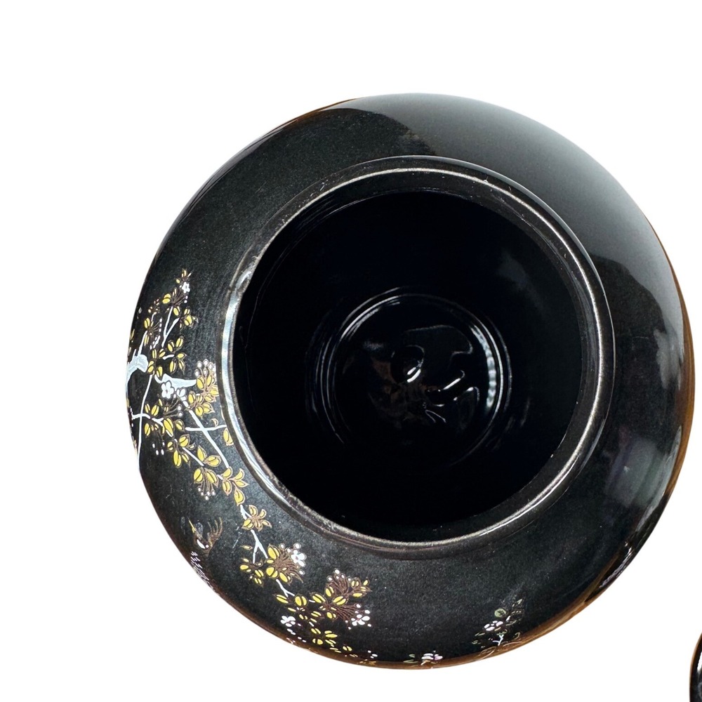 Vintage Japanese Black Porcelain Peacock Vase Ginger Jar Tea Cup Set 7pc Japan - Picture 4 of 15